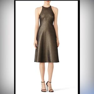 NWT Halston gold jacquard, back glitter bow dress Size 2